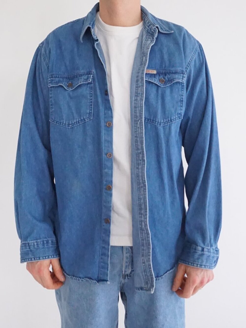 Jordache Blue Denim Western Pearl Snap Workwear Ranch Cotton Overshirt Shirt L